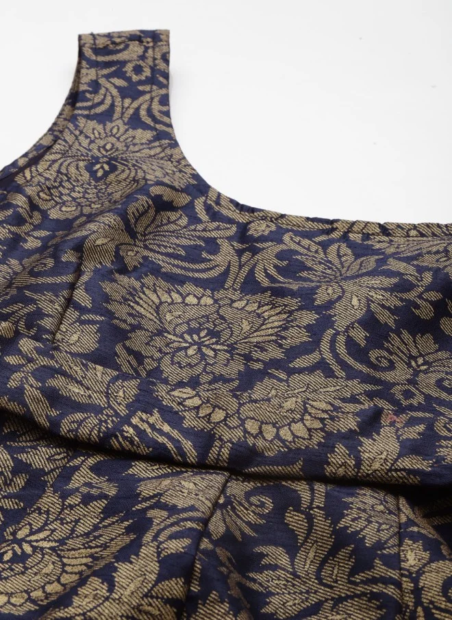SASSAFRAS Navy Blue & Gold-Toned Floral Jacquard Maxi Dress for Women