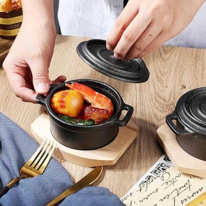 rayihni Dutch Oven Pot With Lid And Wooden Base Pre Seasoned Cast Iron Casserole Mini Cast Iron Pot Round Cocotte With Handle Heavy Duty Casserole Dish For Grill Oven Black 1Pcs - Image 4