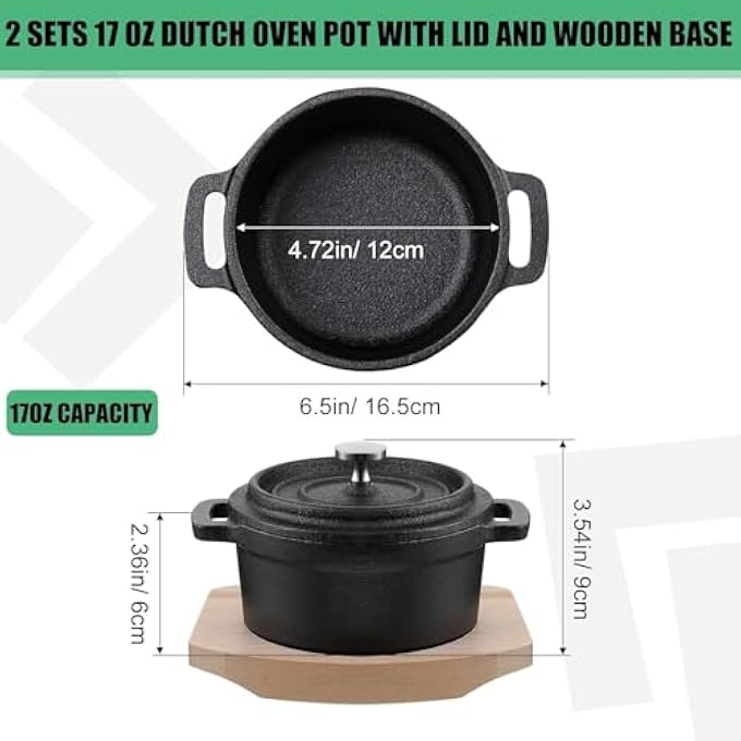 rayihni Dutch Oven Pot With Lid And Wooden Base Pre Seasoned Cast Iron Casserole Mini Cast Iron Pot Round Cocotte With Handle Heavy Duty Casserole Dish For Grill Oven Black 1Pcs - Image 3