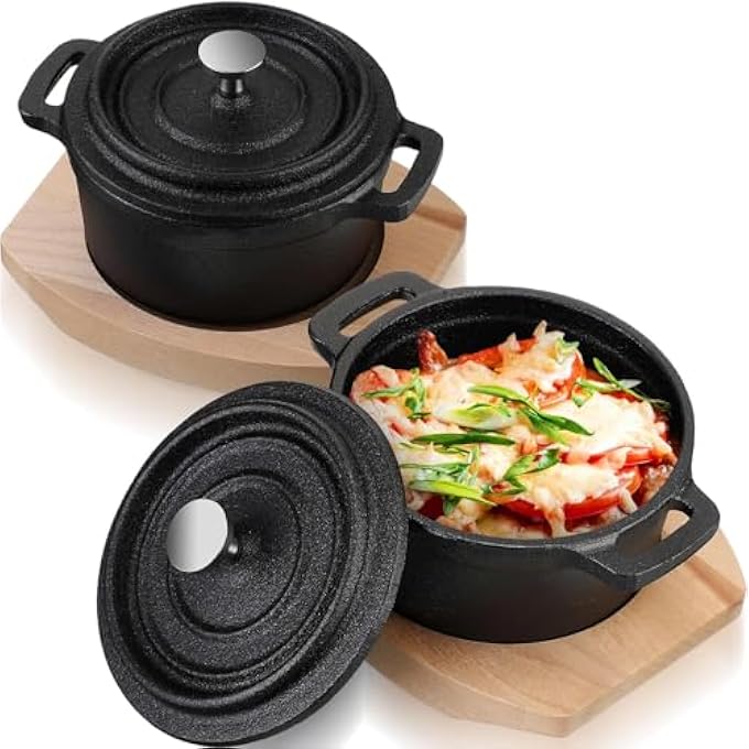 rayihni Dutch Oven Pot With Lid And Wooden Base Pre Seasoned Cast Iron Casserole Mini Cast Iron Pot Round Cocotte With Handle Heavy Duty Casserole Dish For Grill Oven Black 1Pcs - Image 1