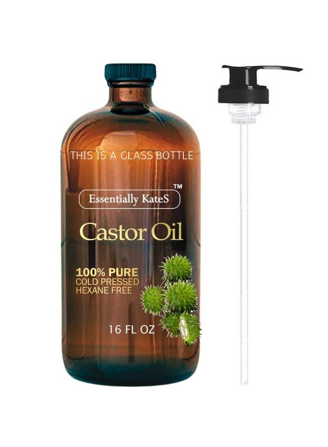 Essentially KateS Castor Oil 16 Fl Oz (Glass Bottle) - Original Unrefined - A Huge Glass Bottle with a Pump - 100% Pure and Natural, Cold Pressed, and Hexane-Free - Hair Oil, Body Oil - Image 1