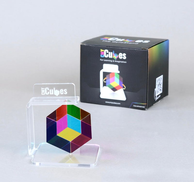 CMY Cubes GyroStand Display Stand - 360 Spinning Cube Stand Pedestal for Displaying, Exploring & Showcasing Your Prism - Clear Acrylic Material - Image 1
