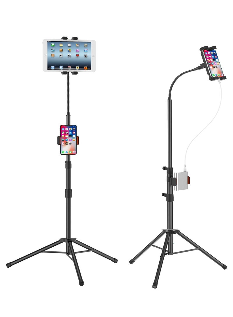 XiuWoo Tripod Stand for Ipad,Gooseneck 63 inch Floor Stand for Tablet,Floor Stand for iPad Tripod with 360° Rotating Mount for Mini, Air, Pro and All 4.7-11.9 Inch Tablet and Phone - Image 1