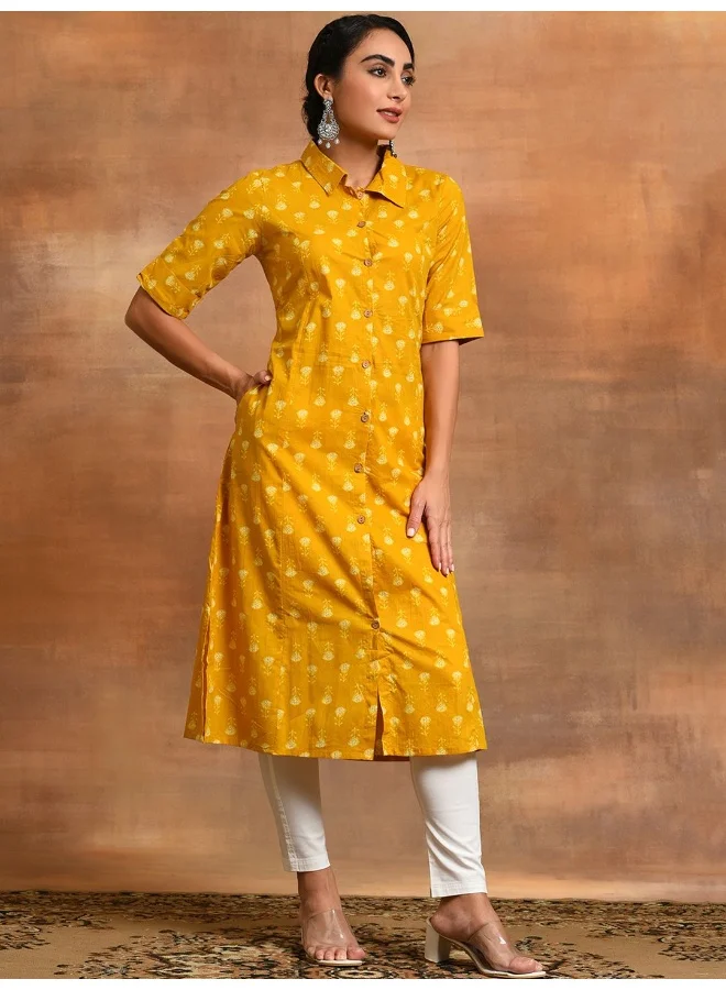 AKS Mustard Yellow Printed Button Down A-Line Kurta