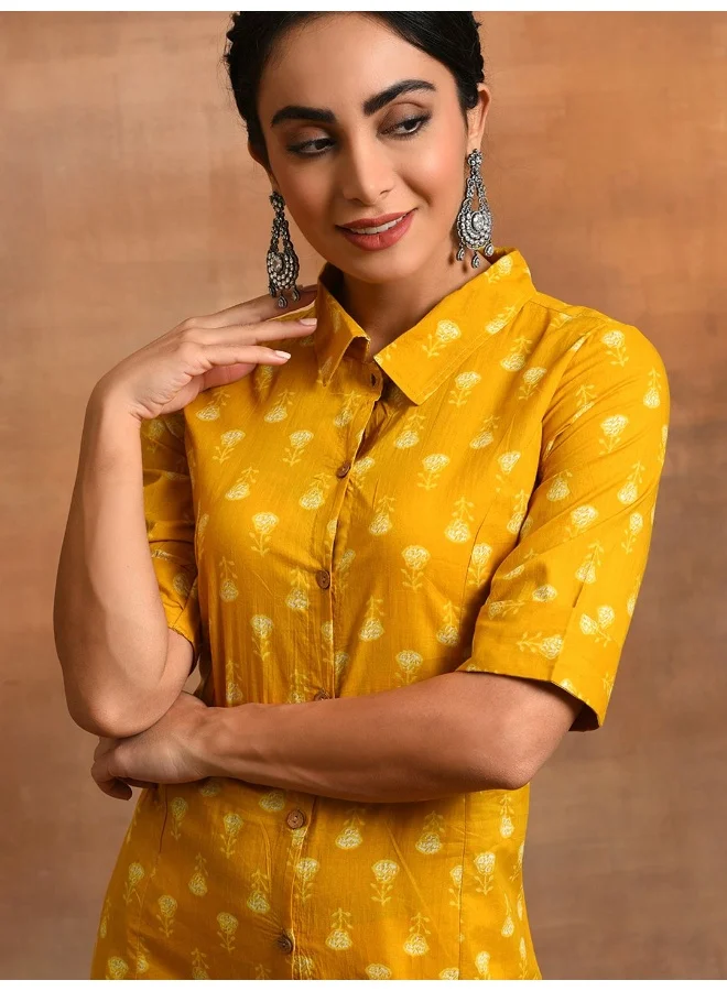 أيه كيه إس Mustard Yellow Printed Button Down A-Line Kurta