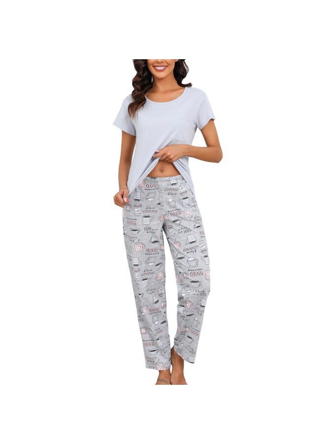PNAEONG Womens Pajama Sets Cotton Lounge Sets for Women Short Sleeve Top With Pants 2 Piece pj sets With Pocket C Coffee,L - Image 1