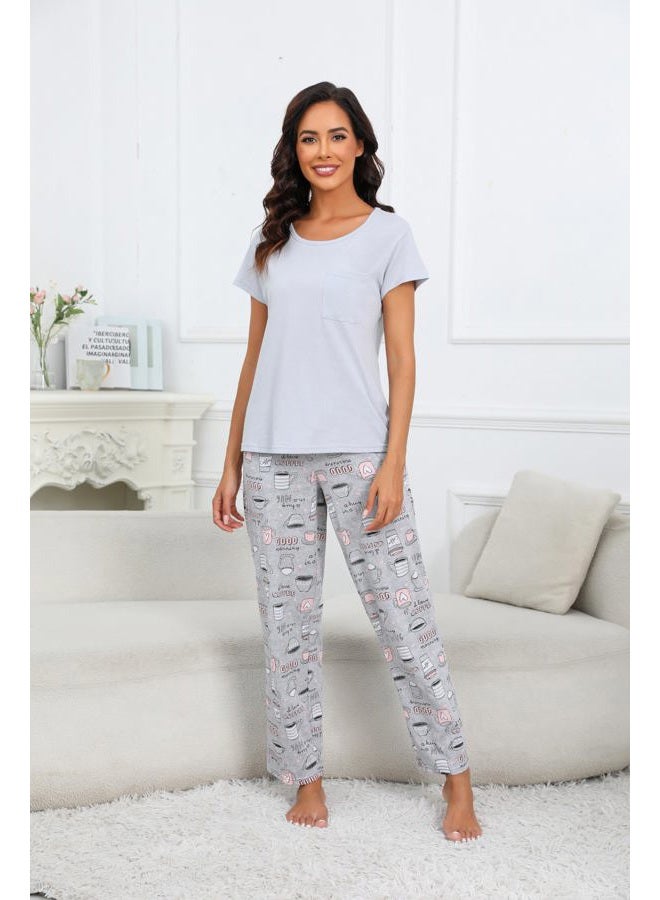 PNAEONG Womens Pajama Sets Cotton Lounge Sets for Women Short Sleeve Top With Pants 2 Piece pj sets With Pocket C Coffee,L - Image 4
