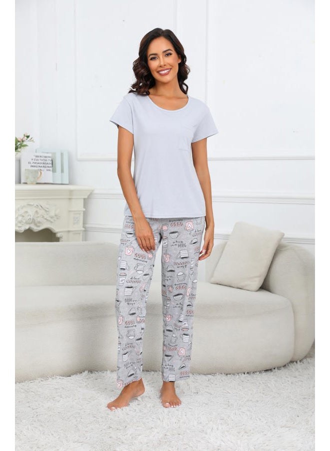 PNAEONG Womens Pajama Sets Cotton Lounge Sets for Women Short Sleeve Top With Pants 2 Piece pj sets With Pocket C Coffee,L - Image 2
