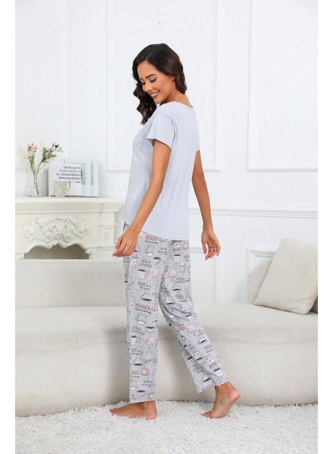 PNAEONG Womens Pajama Sets Cotton Lounge Sets for Women Short Sleeve Top With Pants 2 Piece pj sets With Pocket C Coffee,L - Image 5