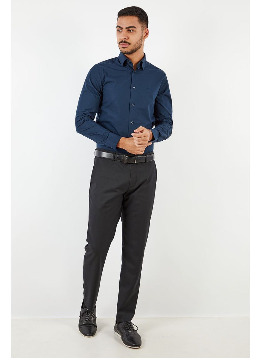 Cavalli Class Men Slim Fit Embroidered Logo Long Sleeve Dress Shirt, Navy  - Image 2