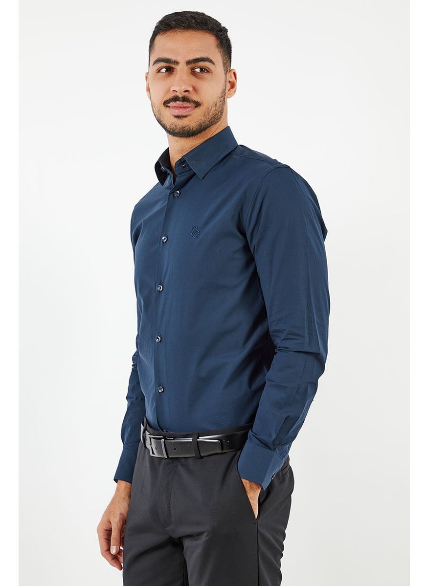 Cavalli Class Men Slim Fit Embroidered Logo Long Sleeve Dress Shirt, Navy  - Image 4