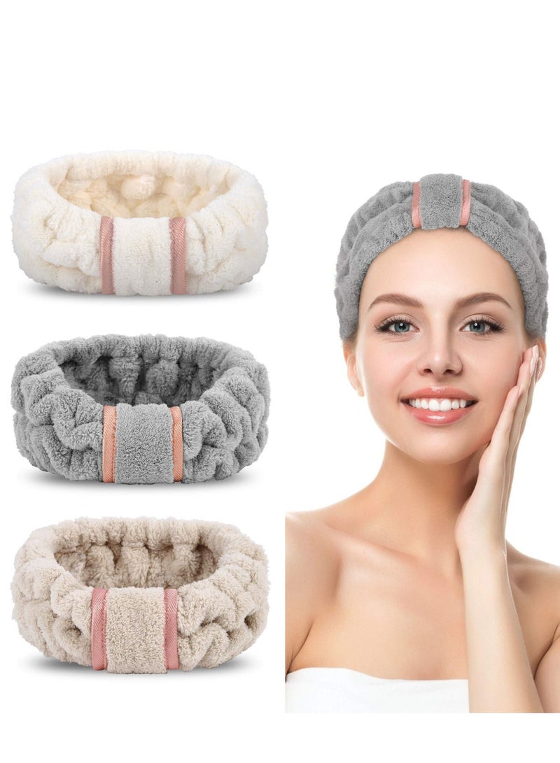 KASTWAVE Spa Headbands Microfiber 3 Pack, KASTWAVE SkinCare Headbands Face Wash Headband Face Washing Headband Facial Headband Makeup Headband Towel Headbands for Women for Washing Face (White, Gray, Khaki) - Image 1