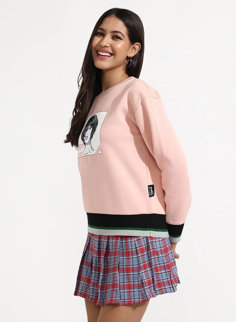 Campus Sutra Women's Blush Pink Chic Girl Pullover Sweater With Contrast Panel Hem