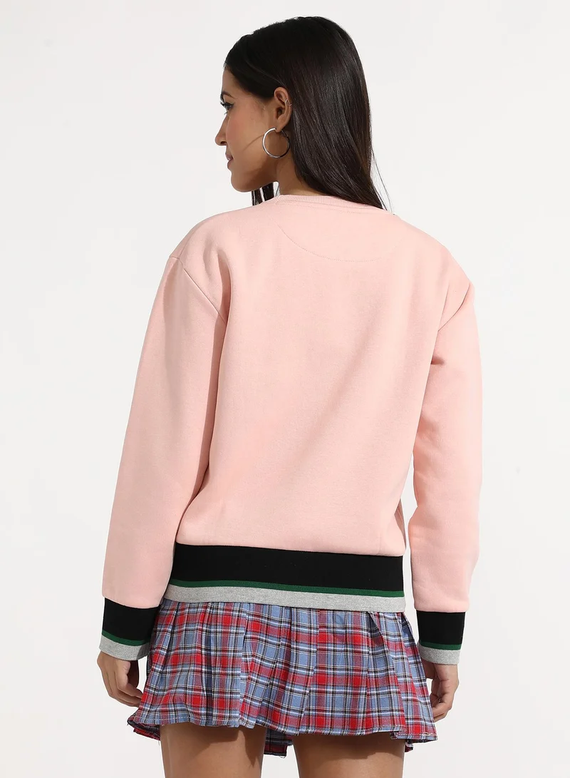 Campus Sutra Women's Blush Pink Chic Girl Pullover Sweater With Contrast Panel Hem