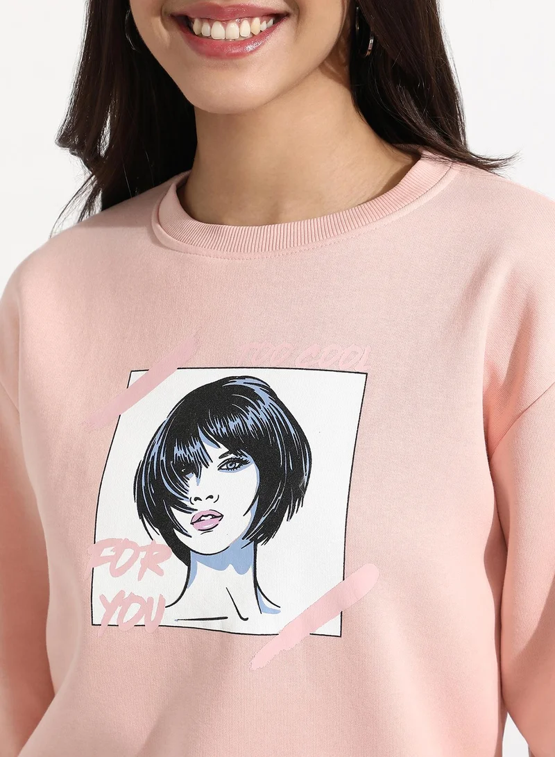 Campus Sutra Women's Blush Pink Chic Girl Pullover Sweater With Contrast Panel Hem