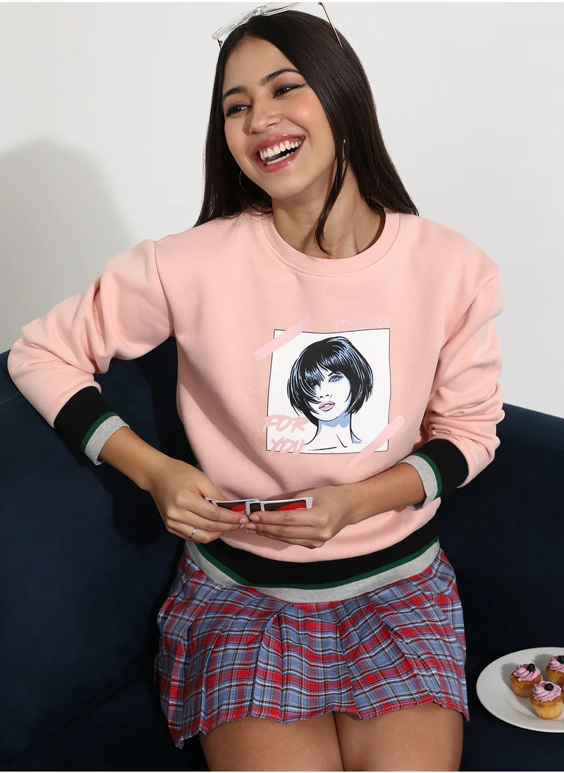 Campus Sutra Women's Blush Pink Chic Girl Pullover Sweater With Contrast Panel Hem