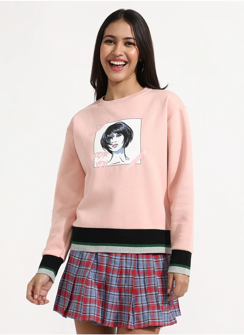 Campus Sutra Women's Blush Pink Chic Girl Pullover Sweater With Contrast Panel Hem