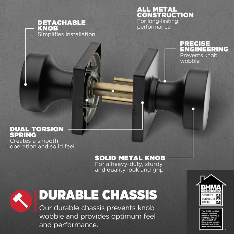 Kwikset Pismo Interior Passage Door Knob Handle For Closet and Hallway Doors NonLocking Doorknob in Matte Black with Microban Protection Square Rose - Image 3