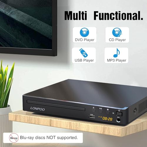 LONPOO DVD Players HDMI for TV, Compact Multi Region DVD CD Player with Full HD Picture Quality,Anti-Skip,No Picture Freeze,Noise Cancellation,Microphone Port,USB Playback,HDMI & AV Cable Included - Image 3