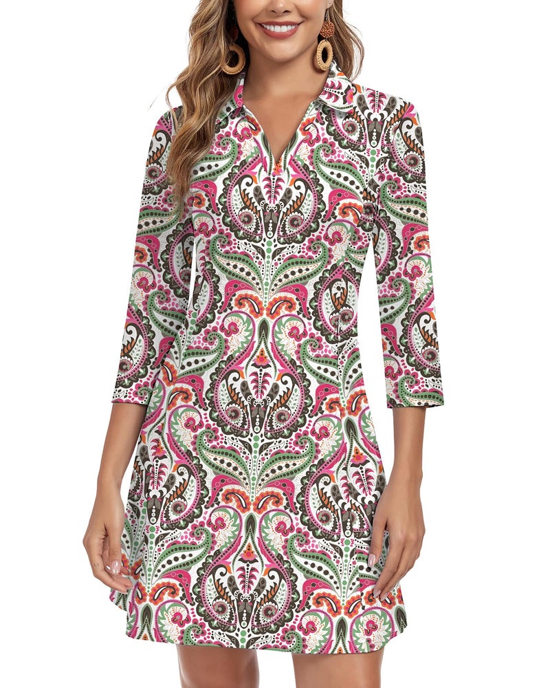WOWENY 3/4 Sleeve Dress for Women with Pockets V Neck UPF 50+ Casual Sun Dress Breathable Quick Dry Beach Vacation (Pink Green Paisley, M) - Image 1