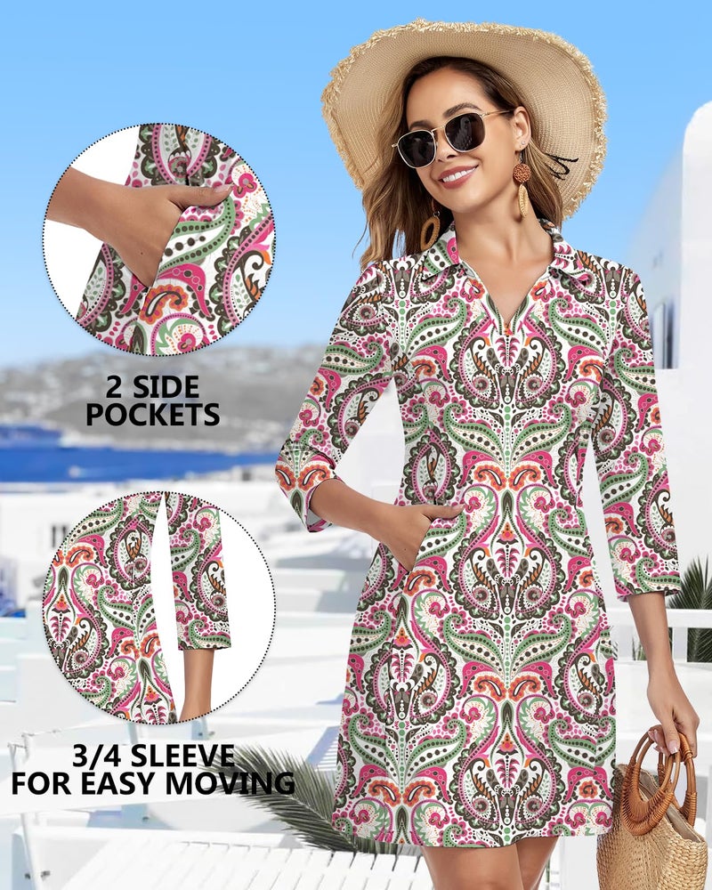 WOWENY 3/4 Sleeve Dress for Women with Pockets V Neck UPF 50+ Casual Sun Dress Breathable Quick Dry Beach Vacation (Pink Green Paisley, M) - Image 4