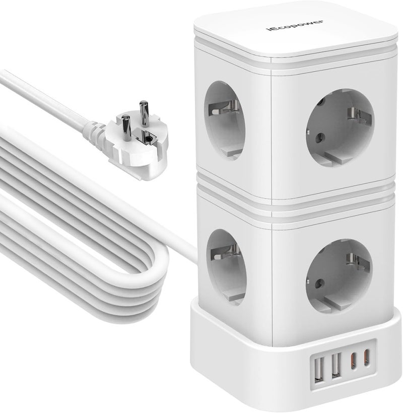 IECOPOWER Power Strip 5 m with Surge Protection - PD20W 4 USB ports - 4000W/16A with Switch - White - Image 1