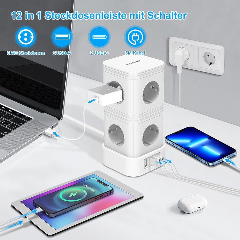 IECOPOWER Power Strip 5 m with Surge Protection - PD20W 4 USB ports - 4000W/16A with Switch - White - Image 2