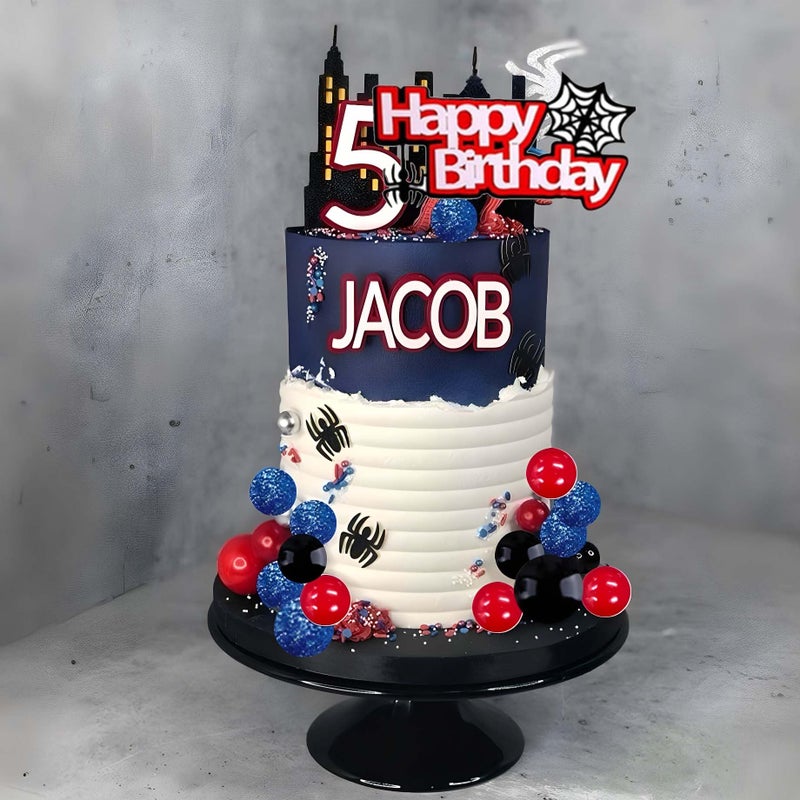 Qoadwem Spider Cake Topper, Spider Web Cake Decorations Spiders Theme Cake Decor Glitter Happy Birthday Toppers Red Black Blue Balls Cupcake Topper for Boys Men Baby Shower Party Supplies - Image 5