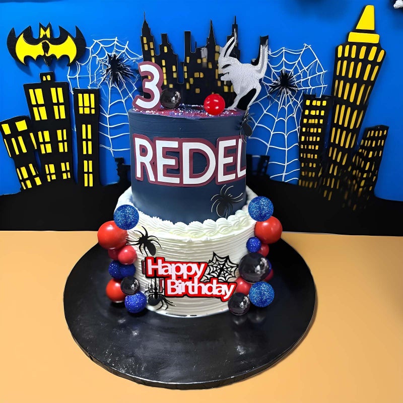 Qoadwem Spider Cake Topper, Spider Web Cake Decorations Spiders Theme Cake Decor Glitter Happy Birthday Toppers Red Black Blue Balls Cupcake Topper for Boys Men Baby Shower Party Supplies - Image 4