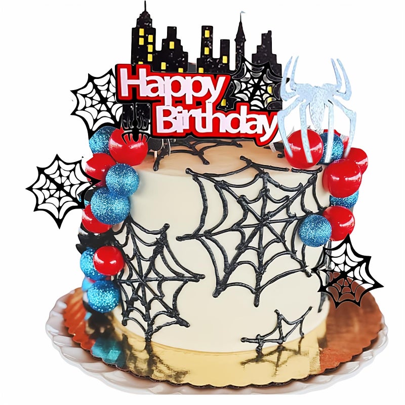 Qoadwem Spider Cake Topper, Spider Web Cake Decorations Spiders Theme Cake Decor Glitter Happy Birthday Toppers Red Black Blue Balls Cupcake Topper for Boys Men Baby Shower Party Supplies - Image 3