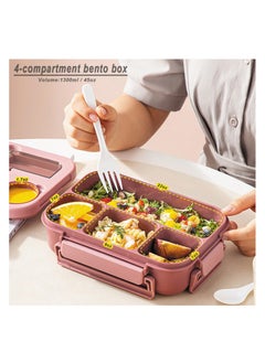 Bebiland Kids Bento Lunch Box with Tableware, 4 Compartment Bento Box 1300ml Lunch Box with Sauce Jar, Perfect for On-the-Go Meal, Built-In Utensil Set, Leak-Proof, Microwave/Dishwasher Safe (Pink)  - Image 3