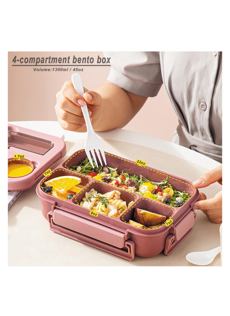 Bebiland - Kids Bento Lunch Box with Tableware, 4 Compartment Bento Box 1300ml Lunch Box with Sauce Jar, Perfect for On-the-Go Meal, Built-In Utensil Set, Leak-Proof, Microwave/Dishwasher Safe (Pink) - Image 1