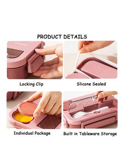 Bebiland Kids Bento Lunch Box with Tableware, 4 Compartment Bento Box 1300ml Lunch Box with Sauce Jar, Perfect for On-the-Go Meal, Built-In Utensil Set, Leak-Proof, Microwave/Dishwasher Safe (Pink)  - Image 4