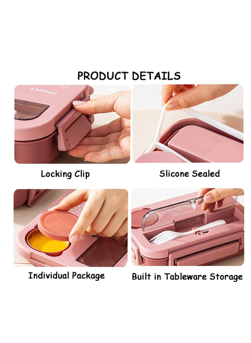 Bebiland - Kids Bento Lunch Box with Tableware, 4 Compartment Bento Box 1300ml Lunch Box with Sauce Jar, Perfect for On-the-Go Meal, Built-In Utensil Set, Leak-Proof, Microwave/Dishwasher Safe (Pink) - Image 1