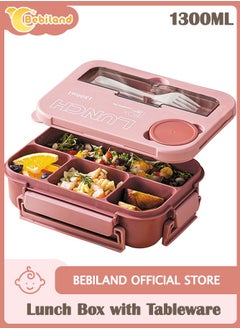 Bebiland Kids Bento Lunch Box with Tableware, 4 Compartment Bento Box 1300ml Lunch Box with Sauce Jar, Perfect for On-the-Go Meal, Built-In Utensil Set, Leak-Proof, Microwave/Dishwasher Safe (Pink)  - Image 1