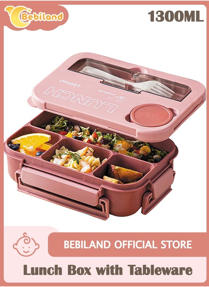 Bebiland - Kids Bento Lunch Box with Tableware, 4 Compartment Bento Box 1300ml Lunch Box with Sauce Jar, Perfect for On-the-Go Meal, Built-In Utensil Set, Leak-Proof, Microwave/Dishwasher Safe (Pink) - Image 1