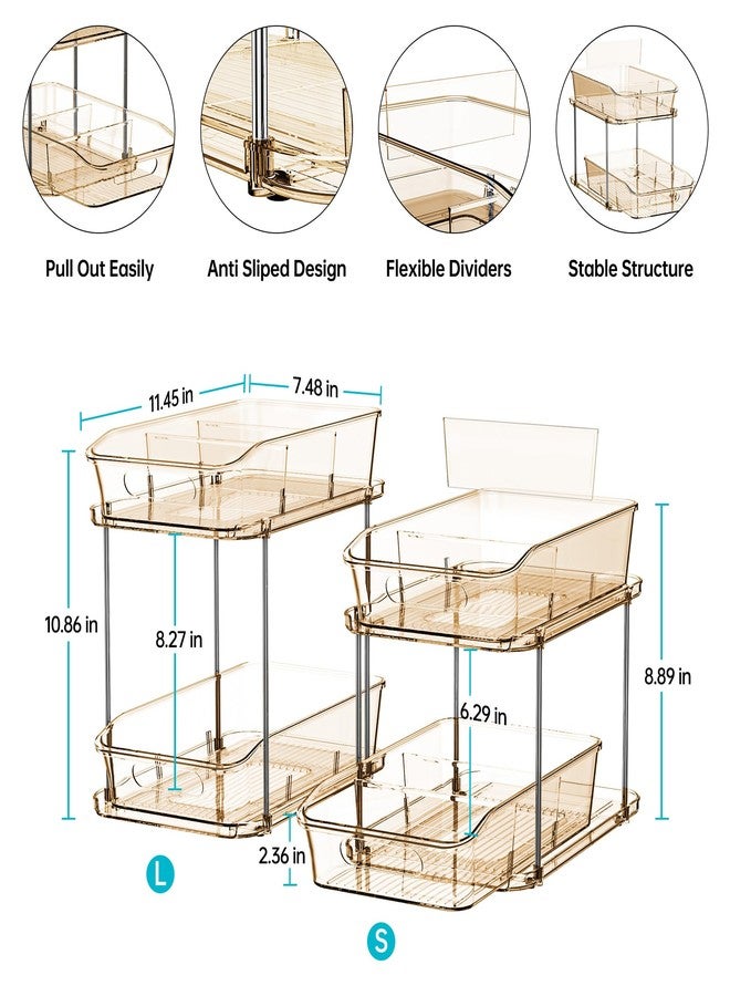 Delamu 2-Tier Under Sink Organizers and Storage, Multi-Purpose Stackable Bathroom Cabinet organizers, Pull Out Kitchen Pantry Organization and Storage with Dividers(2 Pack, Amber) - Image 5
