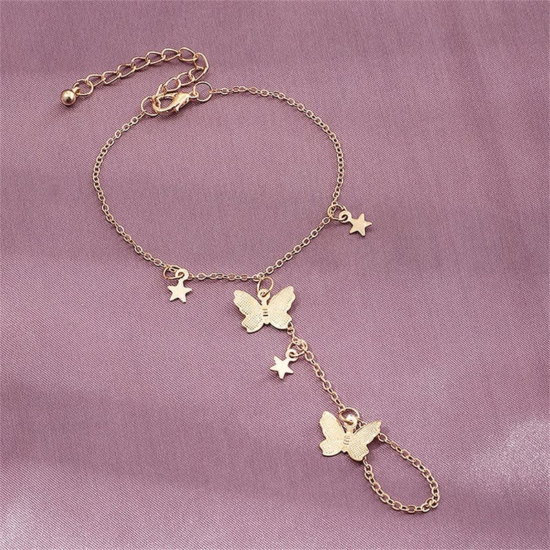 Dtja Butterfly Finger Ring Bracelet for Women Dainty Star Slave Hand Chain Harness Bangle Boho Gypsy Bollywood Beach Wedding Retro Party Y2K Jewelry 2 Pieces - Image 5