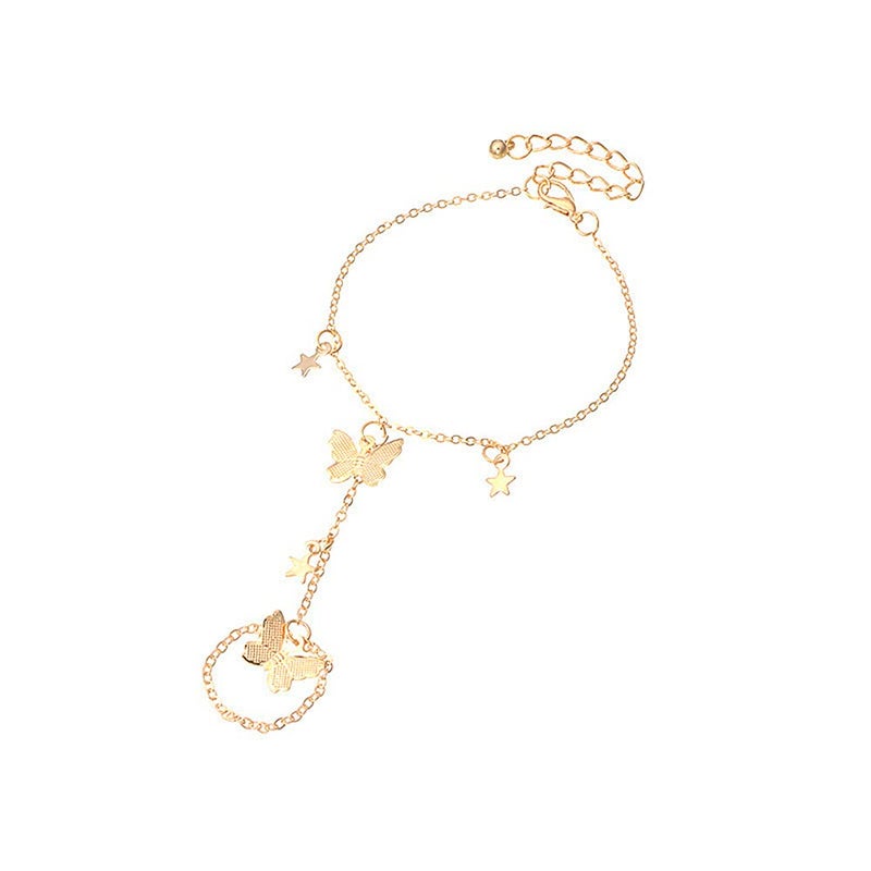 Dtja Butterfly Finger Ring Bracelet for Women Dainty Star Slave Hand Chain Harness Bangle Boho Gypsy Bollywood Beach Wedding Retro Party Y2K Jewelry 2 Pieces - Image 1