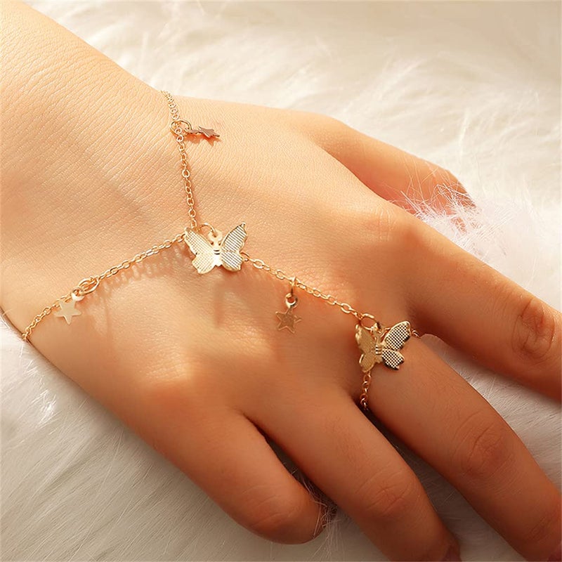 Dtja Butterfly Finger Ring Bracelet for Women Dainty Star Slave Hand Chain Harness Bangle Boho Gypsy Bollywood Beach Wedding Retro Party Y2K Jewelry 2 Pieces - Image 2