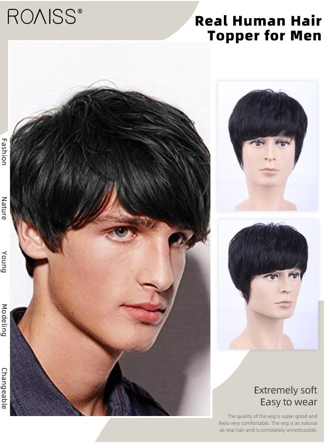 roaiss Men's Hair Toupee, Natural Black Hair Pieces Short Wig Real Human Hair Topper for Male for Covering White or Loss Hair, Hand-made Hair Extensions Daily Wear  - Image 1