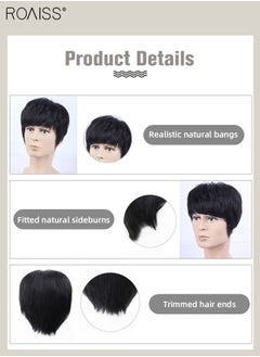 roaiss Men's Hair Toupee, Natural Black Hair Pieces Short Wig Real Human Hair Topper for Male for Covering White or Loss Hair, Hand-made Hair Extensions Daily Wear  - Image 2