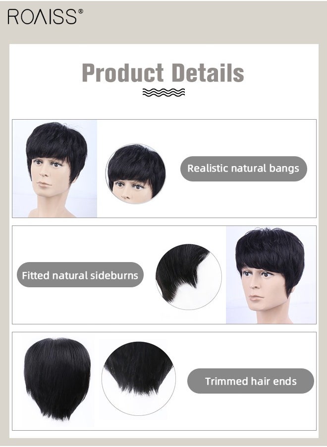 roaiss Men's Hair Toupee, Natural Black Hair Pieces Short Wig Real Human Hair Topper for Male for Covering White or Loss Hair, Hand-made Hair Extensions Daily Wear  - Image 2