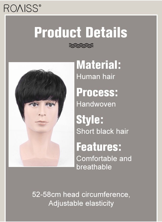 roaiss Men's Hair Toupee, Natural Black Hair Pieces Short Wig Real Human Hair Topper for Male for Covering White or Loss Hair, Hand-made Hair Extensions Daily Wear  - Image 3