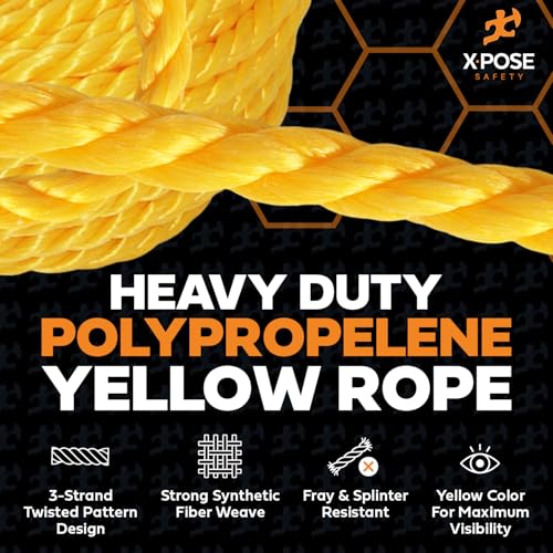 xpose safety Yellow Twisted Polypropylene Rope, 1/4" Thickness x 50' Length Heavy Duty Poly Ropes for Outdoor and Marine Use, Yellow Rope for Visibility & Safety - Image 2