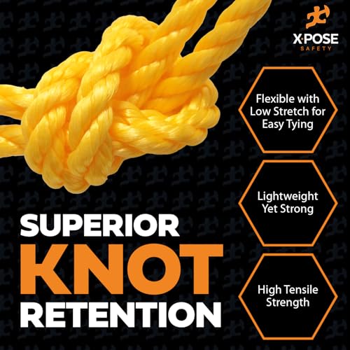 xpose safety Yellow Twisted Polypropylene Rope, 1/4" Thickness x 50' Length Heavy Duty Poly Ropes for Outdoor and Marine Use, Yellow Rope for Visibility & Safety - Image 3