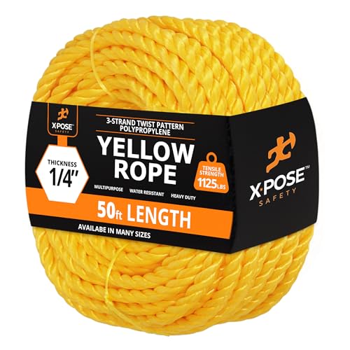 xpose safety Yellow Twisted Polypropylene Rope, 1/4" Thickness x 50' Length Heavy Duty Poly Ropes for Outdoor and Marine Use, Yellow Rope for Visibility & Safety - Image 1