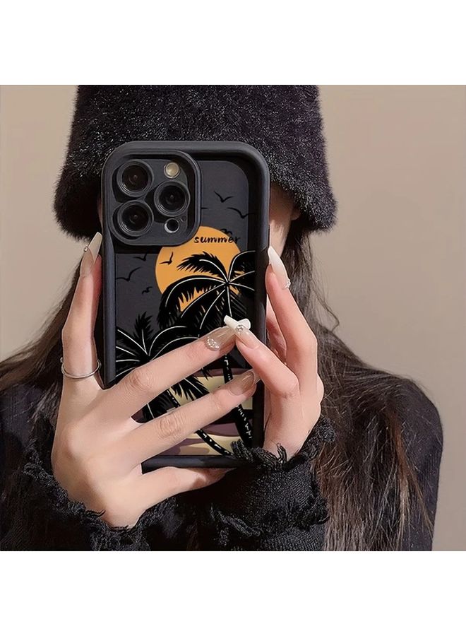 Sunset Palm Tree Painted Anti Fall Soft Phone Case For iPhone 12 Pro Max Black - Image 2