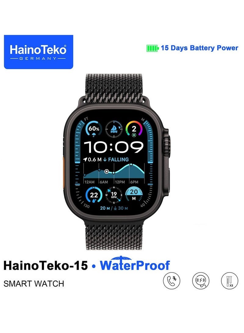 Haino Teko HainoTeko-15 Waterproof Smart Watch Black – Full Screen AMOLED Display, 3 Interchangeable Straps, Magnetic Charging Cable, Health & Fitness Monitoring, Stylish and Durable Design for Ladies and Gents, Long Battery Life, Compatible with Android & iOS - Image 3