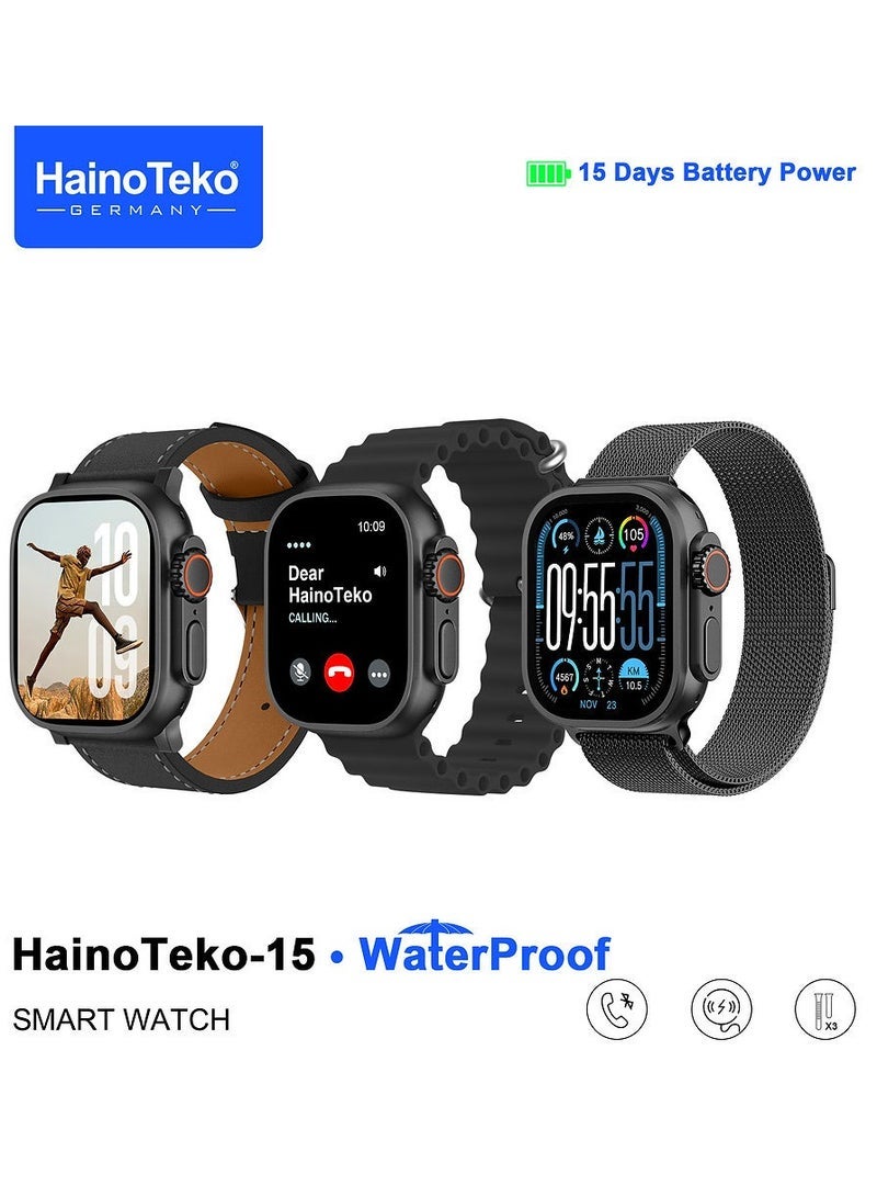 Haino Teko HainoTeko-15 Waterproof Smart Watch Black – Full Screen AMOLED Display, 3 Interchangeable Straps, Magnetic Charging Cable, Health & Fitness Monitoring, Stylish and Durable Design for Ladies and Gents, Long Battery Life, Compatible with Android & iOS - Image 1